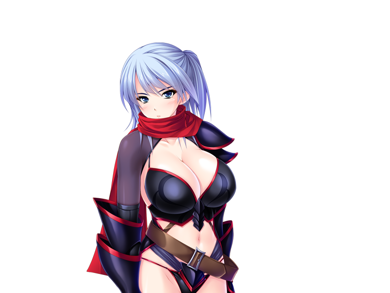 1girl, armor, belt, bikini_armor, blue_eyes, blue_hair, blush, breasts, cleavage, cowboy_shot, game_cg, highres, huge_breasts, ishii_akira, kyokon_tensei, legs, looking_at_viewer, navel, rina_(kyokon_tensei), scarf, serious, short_hair, shoulder_pads, side_ponytail, simple_background, solo, standing, thighs, white_background