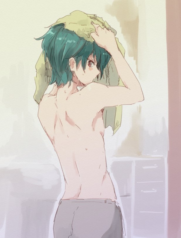 1boy, high_speed!, kirishima_ikuya, male_focus, raipanda, topless, towel