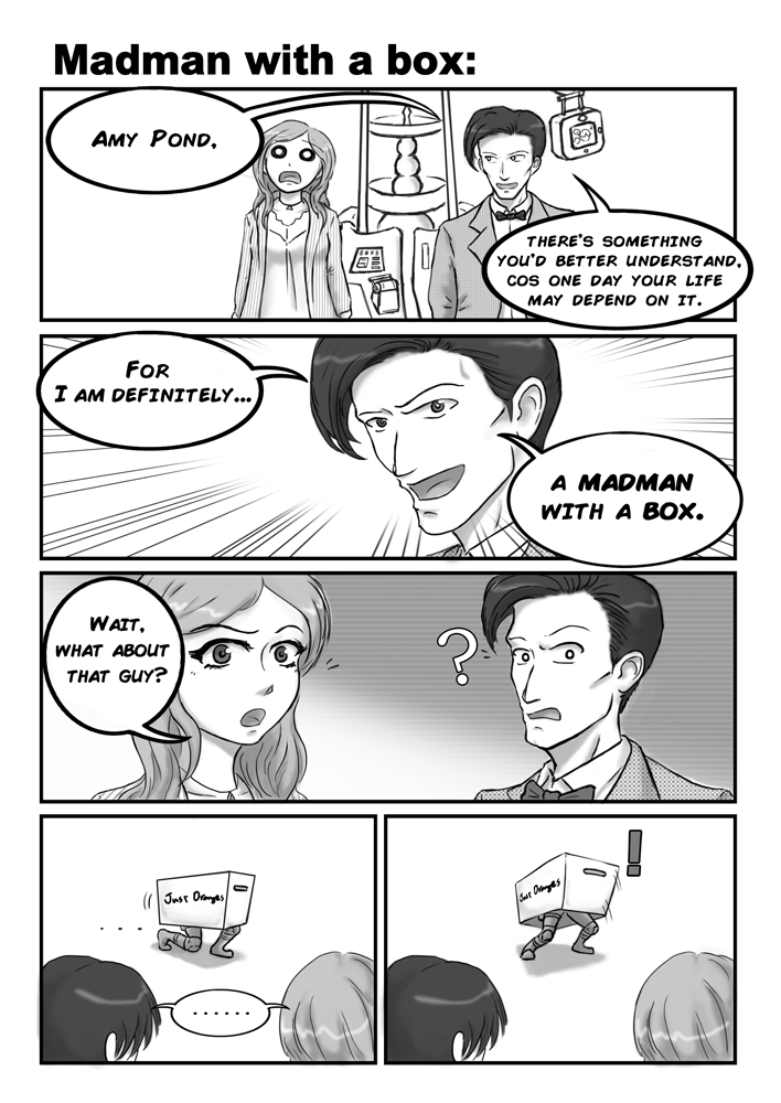 !, 1girl, amy_pond, bowtie, cardboard_box, comic, crossover, doctor_who