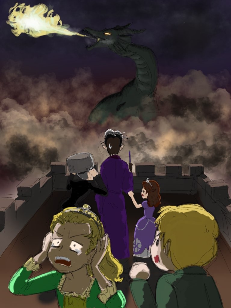 2girls, 3boys, age_difference, bucket, cedric_(sofia_the_first), character_request, dragon, multiple_boys