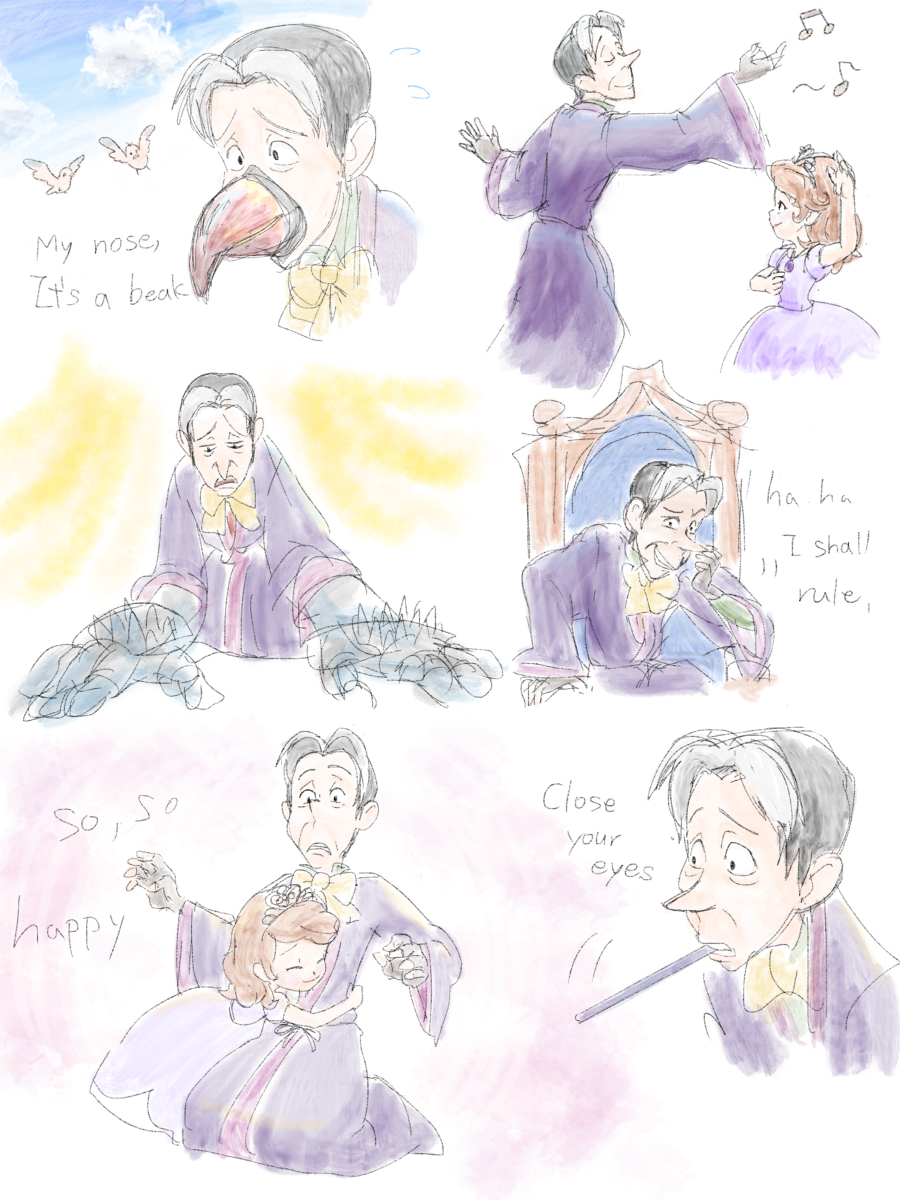 1boy, 1girl, age_difference, cedric_(sofia_the_first), engrish, pale_color, ranguage, sky