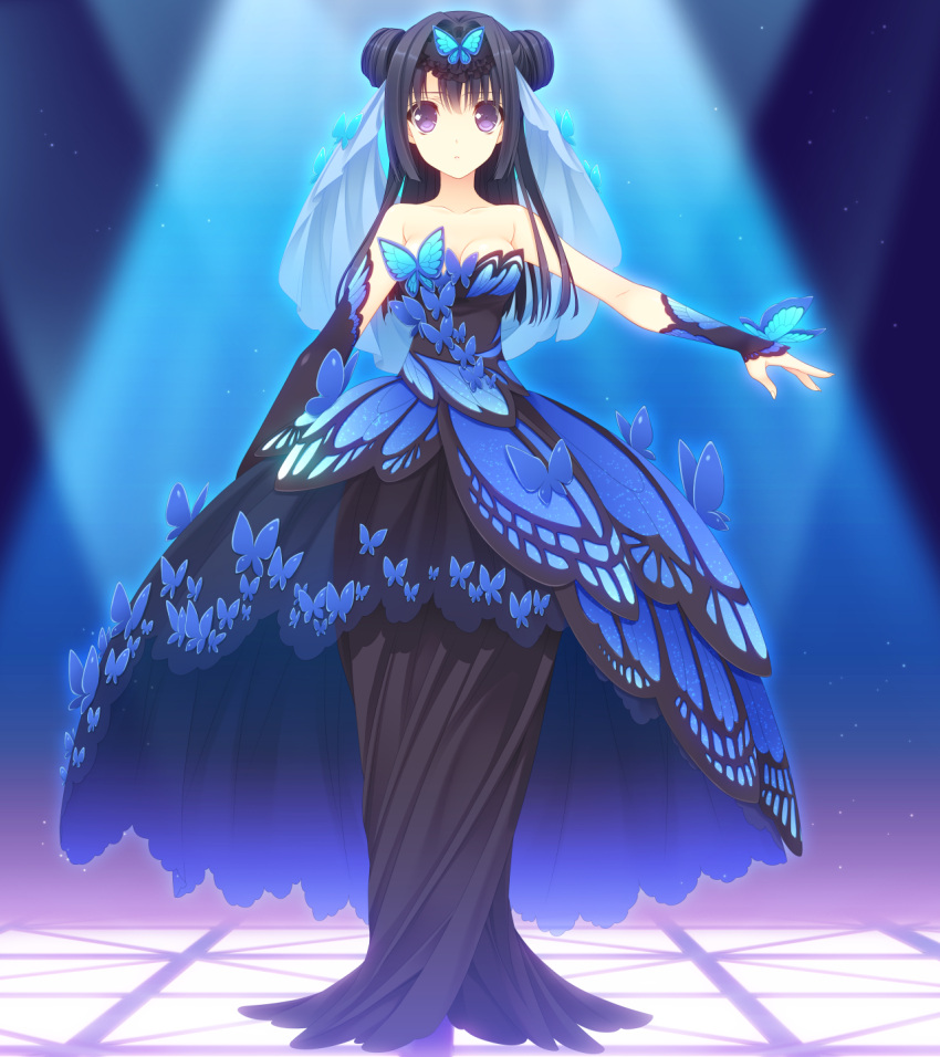 1girl, antenna_hair, bare_shoulders, black_hair, black_skirt, blush, breasts, cleavage, double_bun, dress, eyebrows, eyebrows_visible_through_hair, fingerless_gloves, full_body, game_cg, hair_ornament, highres, large_breasts, light, long_hair, long_skirt, looking_at_viewer, nishimata_aoi, ookura_resona, otome_riron_to_sonogo_no_shuuhen:_belle_&eacute;poque, serious, simple_background, skirt, solo, standing, strapless, suzuhira_hiro, veil, violet_eyes