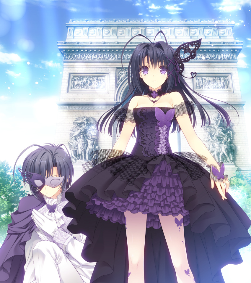 1boy, 1girl, antenna_hair, bare_shoulders, black_hair, breasts, cape, choker