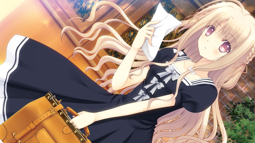 1girl, bag, blonde_hair, blush, braid, breasts, dress, dutch_angle