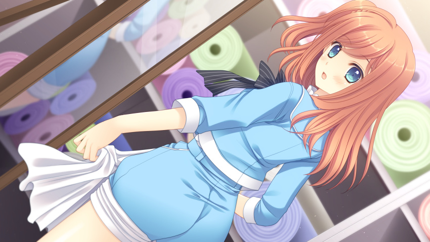 1girl, ass, blue_eyes, bluette_nicolette_planquette, blush, dutch_angle, eyebrows, eyebrows_visible_through_hair