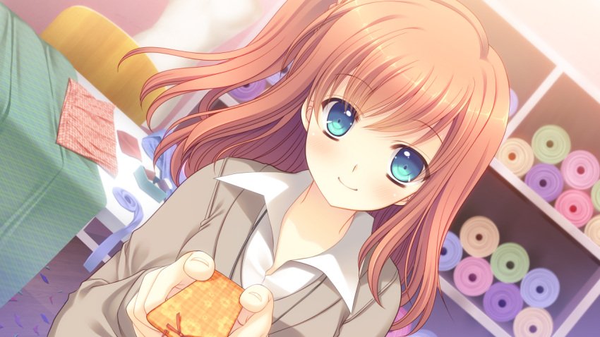 1girl, blue_eyes, bluette_nicolette_planquette, blush, breasts, chair, collared_shirt, dutch_angle