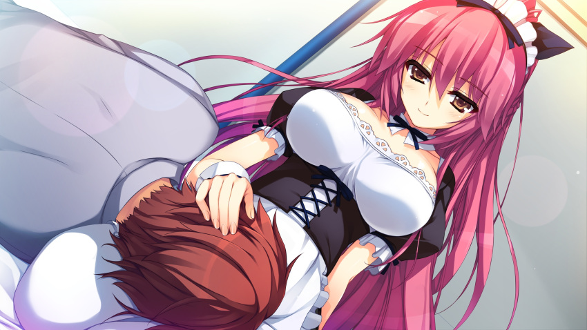 1boy, 1girl, akusera, blush, breasts, brown_eyes, brown_hair, couple
