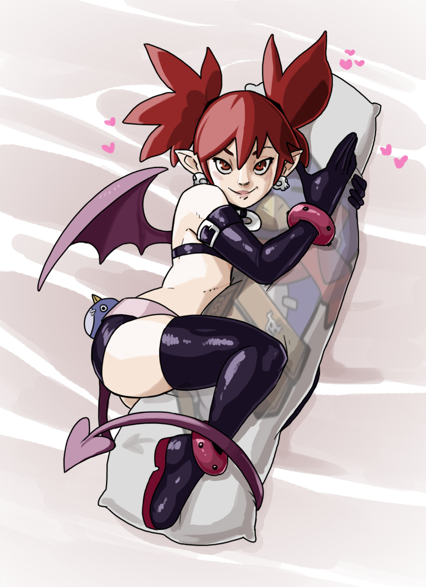 1girl, ass, blush, body_pillow, demon_tail, demon_wings, disgaea, elbow_gloves, etna, gloves, penelope_and_me, pillow, pointy_ears, prinny, red_eyes, redhead, short_skirt, smile, solo, tail, thigh_boots, tied_hair, twintails, wings