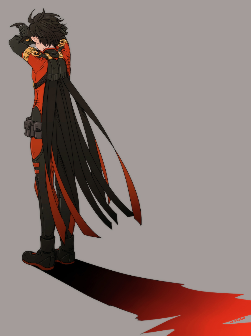 1boy, back, batman_(series), belt, black_hair, boots, cape, crying, dc_comics, full_body, jojody, male_focus, mask, red_robin, solo, standing, tears, tim_drake