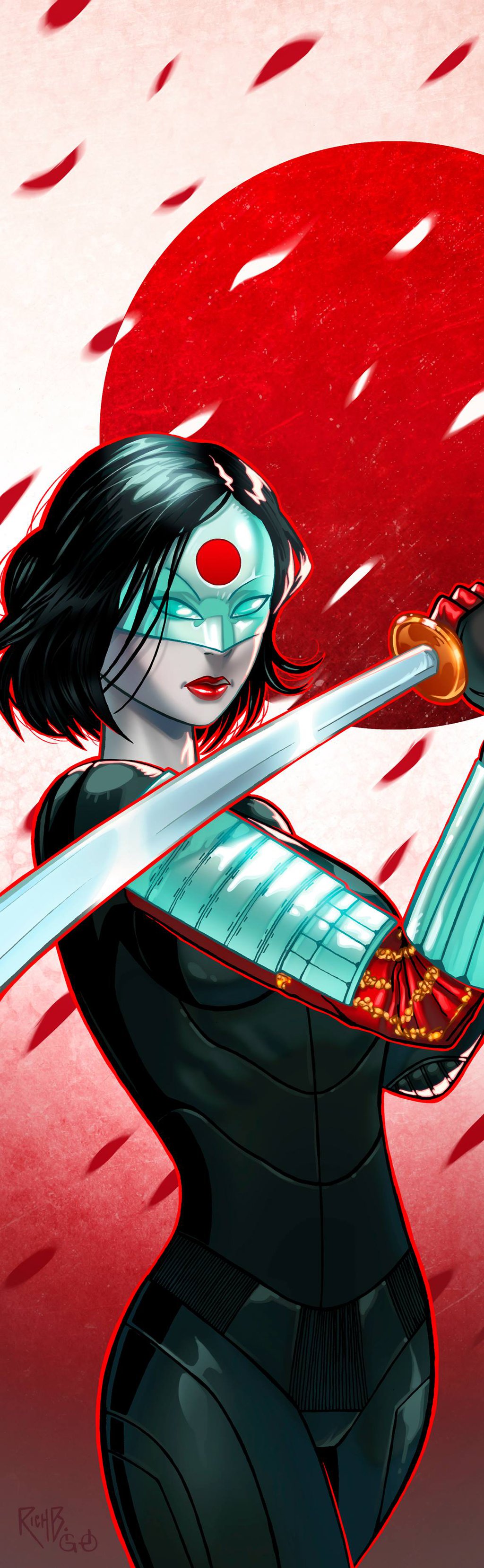 1girl, armor, black_hair, dc_comics, katana, katana_(dc), mask, rich_bernatovech, short_hair, solo, sword, weapon