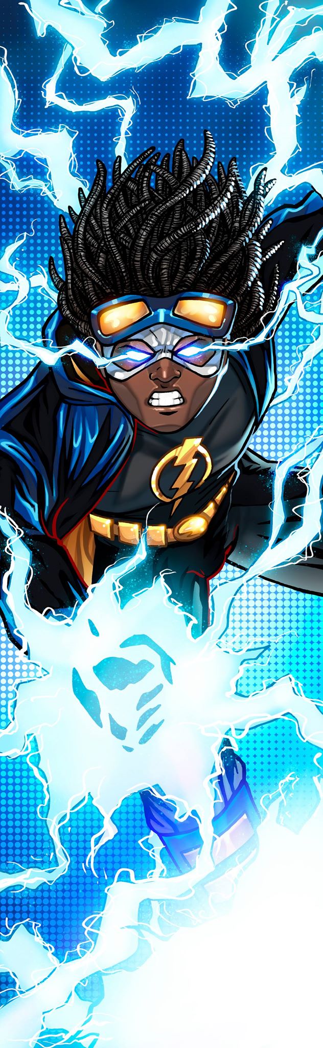 1boy, belt, black_hair, dark_skin, dc_comics, electricity, gloves, glowing_eyes, goggles, goggles_on_head, hairlocs, male_focus, rich_bernatovech, solo, static_shock, virgil_ovid_hawkins