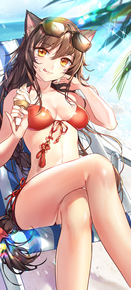 1girl, ahri, beach, bent_knees, bikini, blush, brown_hair, facial_mark, female, food, glasses, glasses_off, glasses_on_head, gold_eyes, ice_cream, joypyonn, kitsunemimi, league_of_legends, legs_crossed, licking_lips, long_hair, midriff, ocean, outdoors, sitting, smile, solo, sunglasses, sweets, swimsuit, swimwear, tongue, tongue_out, water, youkai