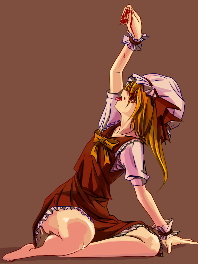 1girl, blonde_hair, blood, flandre_scarlet, kuronekonero, touhou