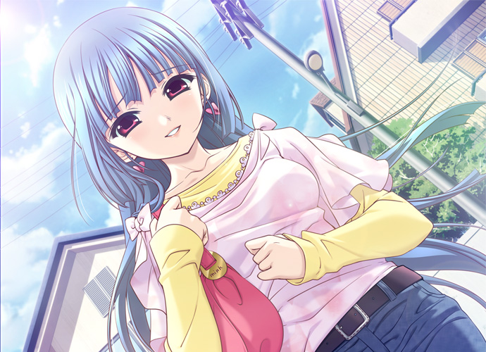 bag, belt, blue_hair, dutch_angle, earrings, jewelry, long_hair, original