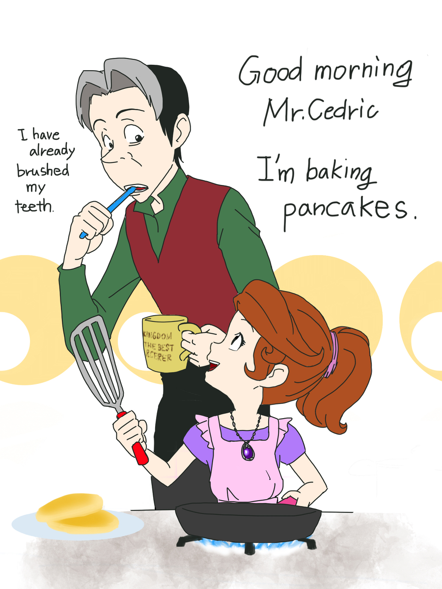 1boy, 1girl, age_difference, cedric_(sofia_the_first), cooking, height_difference, pancakes, sofia_(disney)