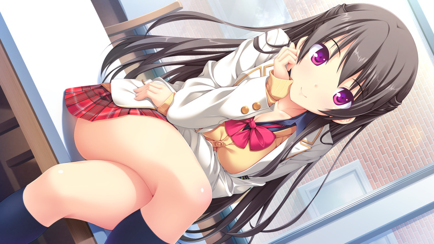 1girl, black_hair, breasts, cleavage, game_cg, highres, hook, hooksoft