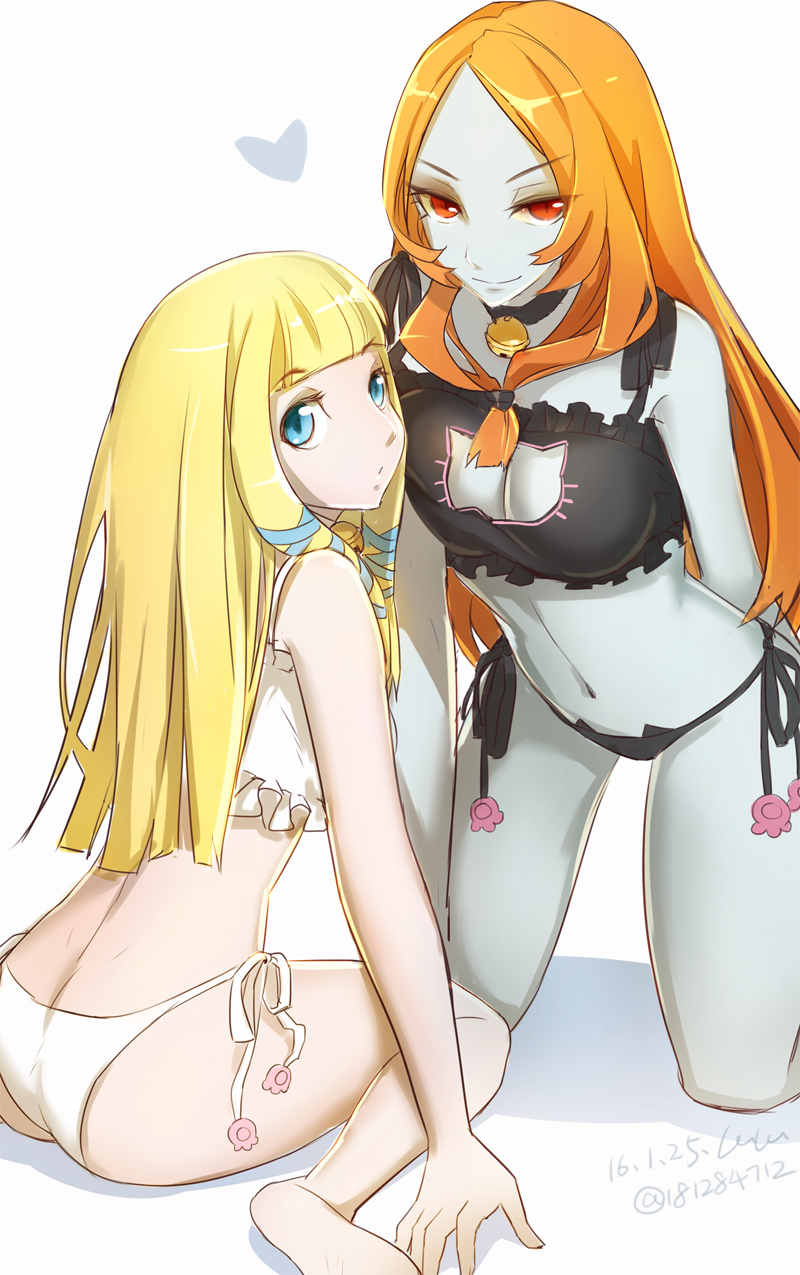 2girls, ass, bangs, blonde_hair, blue_eyes, blunt_bangs, breasts, butt_crack