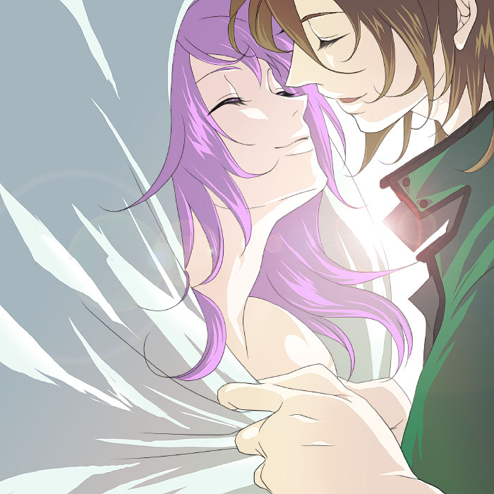 1girl, anew_returner, bad_id, bed_sheet, closed_eyes, couple, gundam, gundam_00