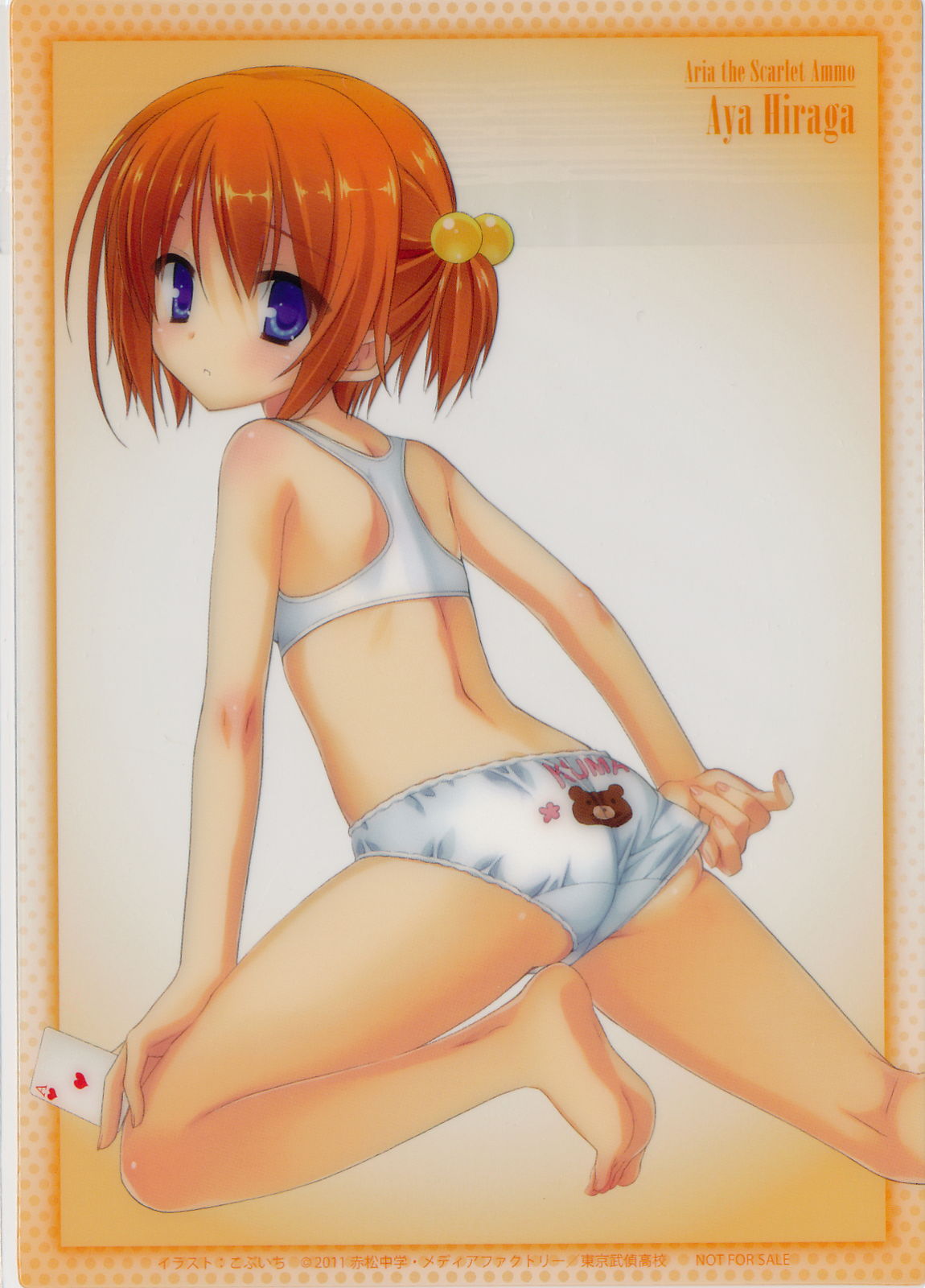 1girl, adjusting_clothes, adjusting_panties, ass, barefoot, blue_eyes, bra, card_(object)