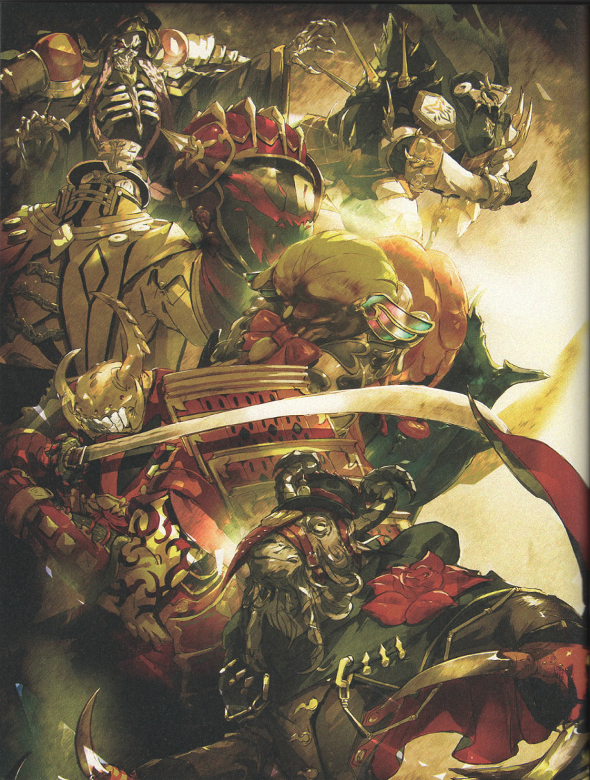 2girls, 4boys, ainz_ooal_gown, armor, beard, belt, bukubukuchagama, cape