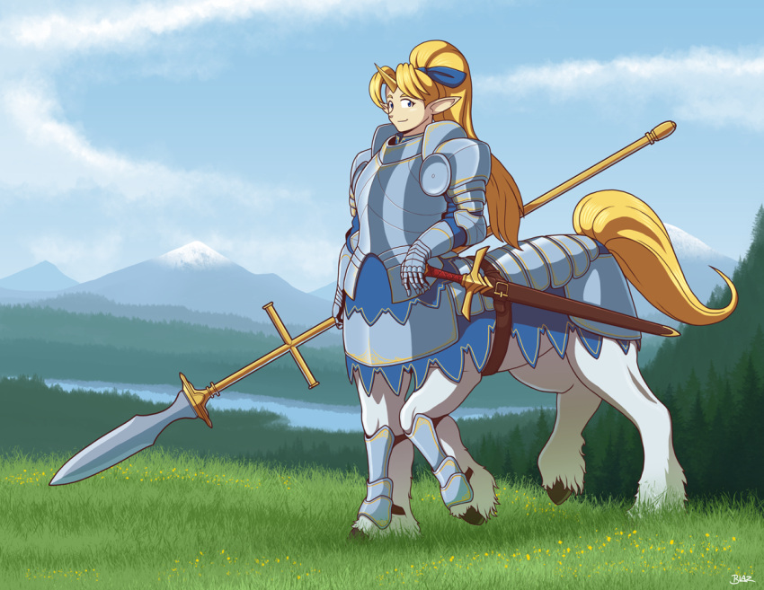 armor, blaz_b._aros, blazbaros, blonde_hair, blue_eyes, centaur, centaur_knight, ponyail