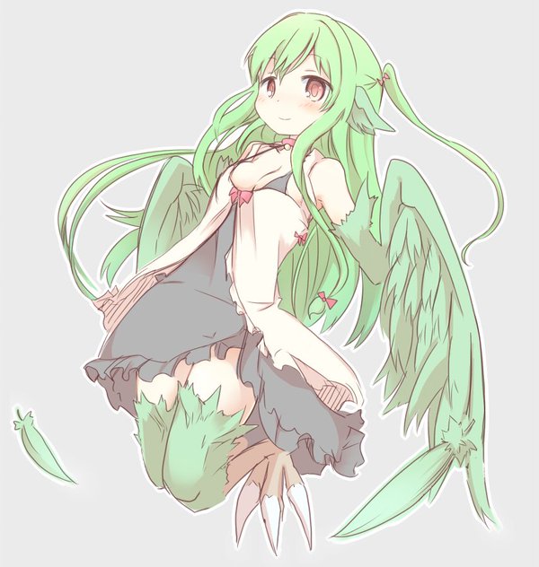 1girl, feathers, female, full_body, green_hair, harpy, head_wings, monster_girl, naya, pink_eyes, simple_background, smile, solo, two_side_up, wings