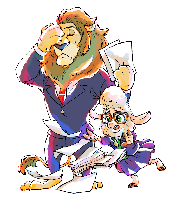 artist_request, dawn_bellwether, disney, facepalm, furry, glasses, green_eyes, jewelry, lamb, lion, mayor_lionheart, necklace, paper, suit, zootopia