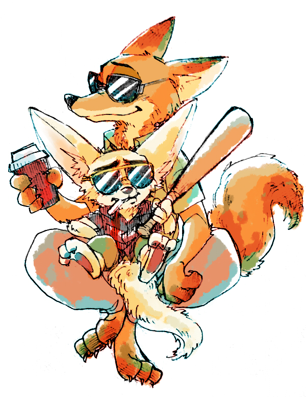 artist_request, baseball_bat, disney, drink, finnick_(zootopia), fox, furry, glasses, nick_wilde, no_humans, paper_cup, simple_background, sunglasses, white_background, zootopia