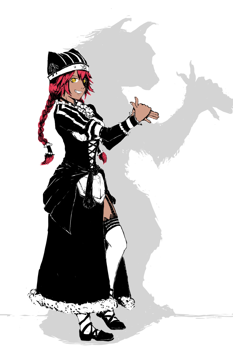 1girl, apron, braids, dark_skin, detached_sleeves, frills, hand_gesture, hat, hat_ribbon, long_sleeves, lupusregina_beta, maid, maid_apron, overlord_(maruyama), redhead, shadow, skirt, solo, that, thigh-highs, twin_braids, werewolf, yellow_eyes