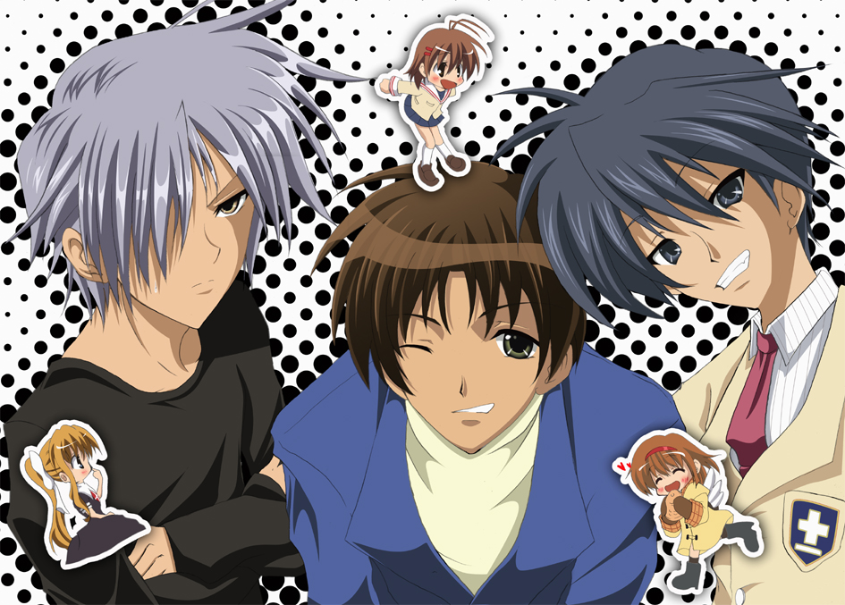 aizawa_yuuichi, blue_eyes, blue_hair, brown_eyes, brown_hair, chibi, clannad, company_connection