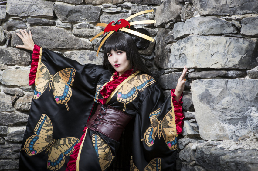 1girl, bangs, black_hair, black_nails, butterfly, butterfly_print, corset, cosplay, fishnets, gold_nails, high_heels, ichihara_yuuko, japanese_clothes, kimono, lady_rosetea, long_hair, nail_polish, photo, solo, xxxholic