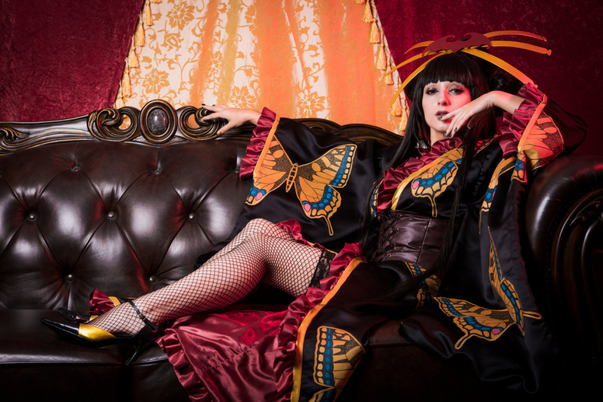 1girl, bangs, black_hair, butterfly, butterfly_print, corset, cosplay, couch