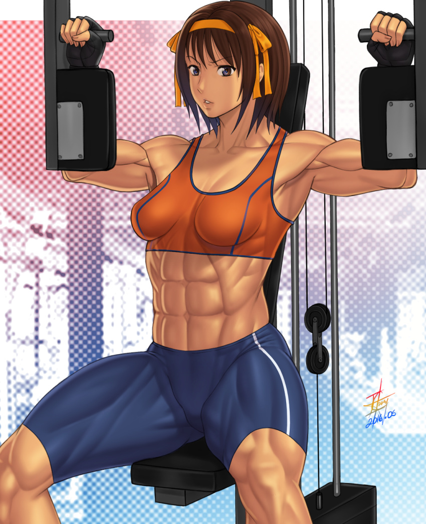 1girl, abs, biceps, brown_eyes, brown_hair, ero-chong, female, fingerless_gloves, gloves, gym, gym_uniform, hairband, muscle, solo, suzumiya_haruhi, suzumiya_haruhi_no_yuuutsu, working_out