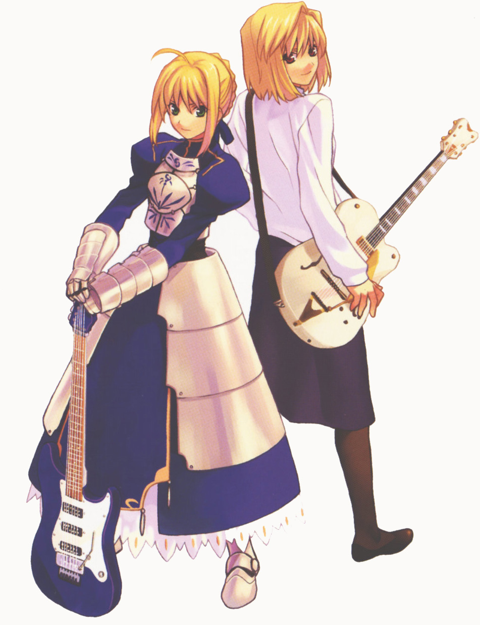 2girls, ahoge, arcueid_brunestud, armor, black_legwear, black_thighhighs, blonde_hair, company_connection