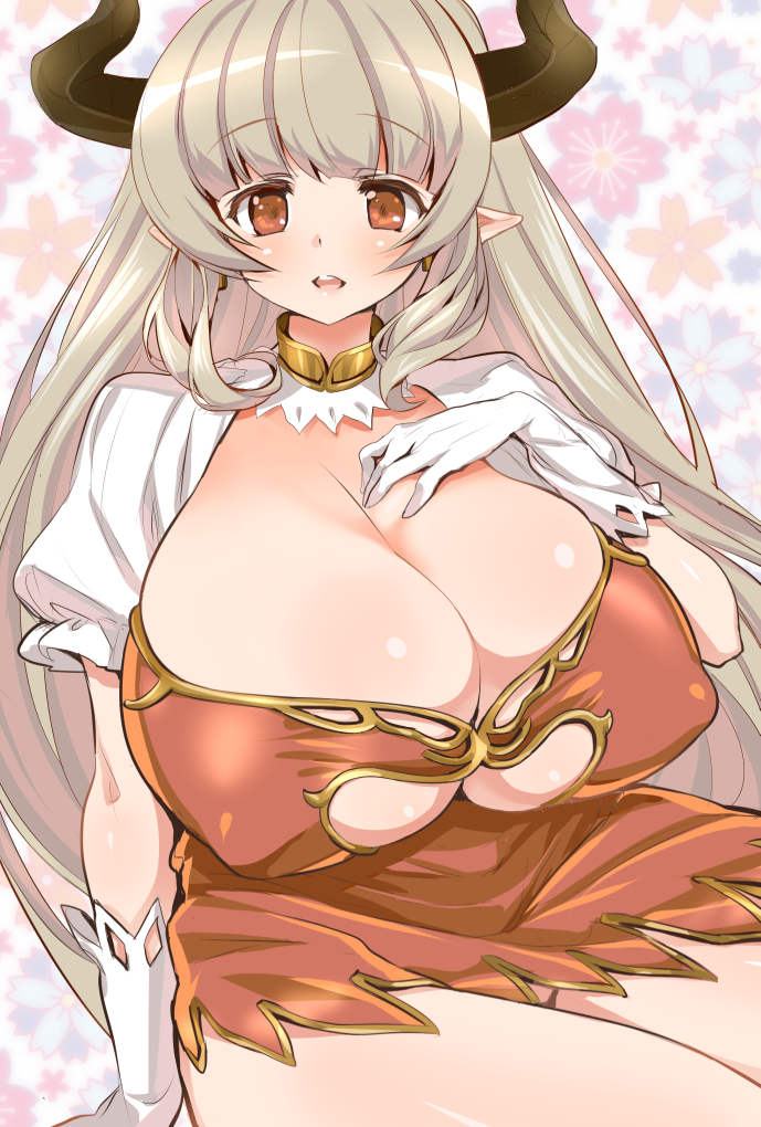1girl, alicia_(granblue_fantasy), breasts, cleavage, cleavage_cutout, cow_girl, cow_horns, dress, female, gigantic_breasts, gloves, granblue_fantasy, horns, huge_breasts, long_hair, looking_at_viewer, metk, miniskirt, open_mouth, plump, pointy_ears, red_eyes, silver_hair, sitting, skirt, smile, solo, thighs, under_boob, white_gloves, wide_hips