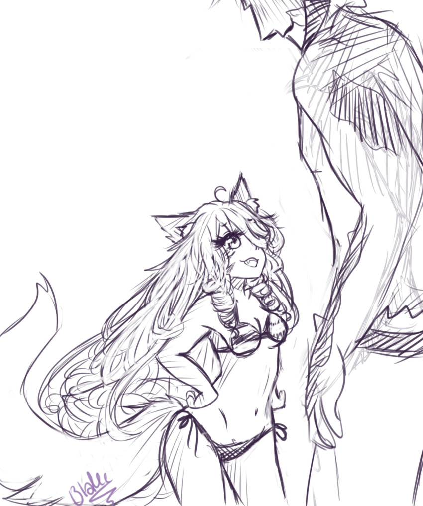 1boy, 1girl, ahoge, anastaysia_aliapoh_(tinyqote), animal_ears, artist_name, au_ra, au_ra_xaela