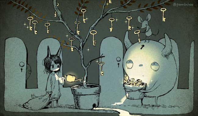 1girl, animal_ears, bucket, child, dark, door, horns, key