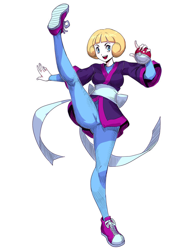 00s, 1girl, blonde_hair, blue_eyes, frontier_brain, genzoman, kogomi_(pokemon), leg_up, looking_at_viewer, nintendo, poke_ball, pokemon, pokemon_(game), pokemon_rse, shoes, sneakers, solo