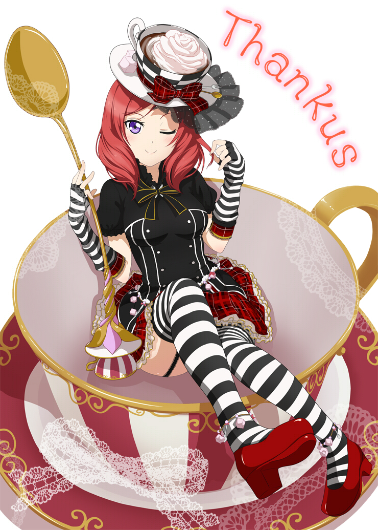 1girl, cup, female, gloves, hat, love_live!_school_idol_project, nishikino_maki, redhead, short_hair, smile, solo, spoon, tea, thigh-highs, violet_eyes, yoshimoto