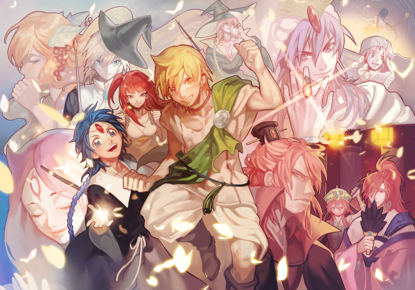 3girls, 6+boys, ahoge, aladdin_(magi), ali_baba_saluja, blonde_hair, blue_eyes, blue_hair