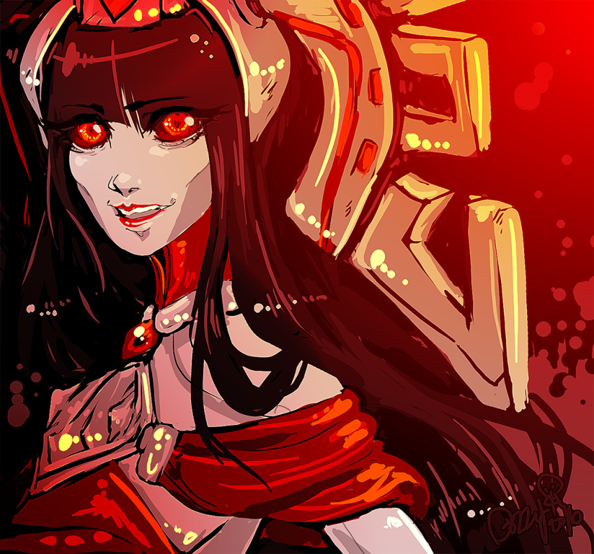 1girl, ambra, battleborn, black_hair, lipstick, long_hair, priestess, red_eyes
