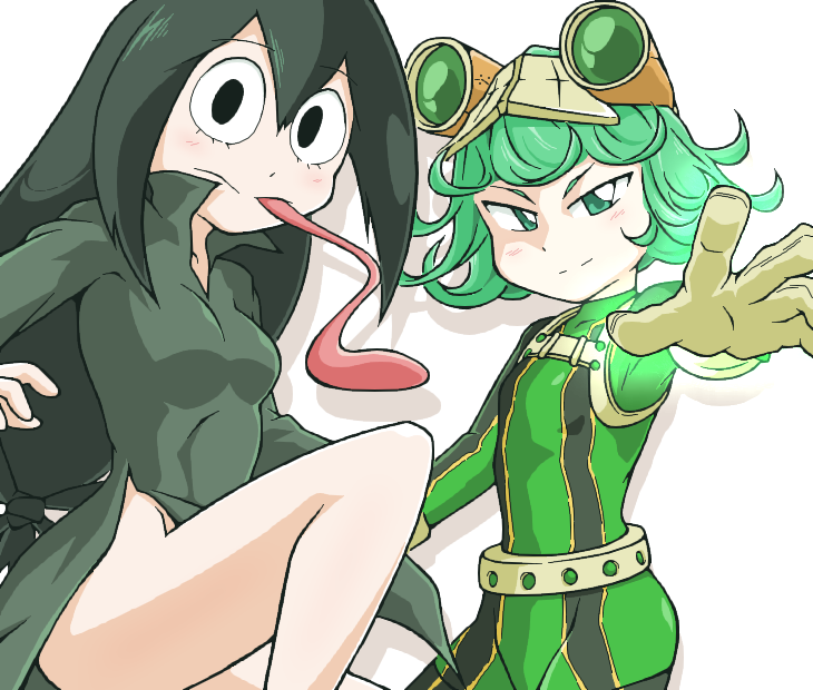 2girls, asui_tsuyu, asui_tsuyu_(cosplay), black_eyes, black_hair, bodysuit, boku_no_hero_academia, breasts