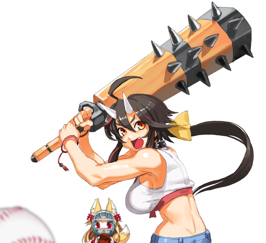 animal_ears, back, baseball, black_hair, collar, horns, kitsune, oni