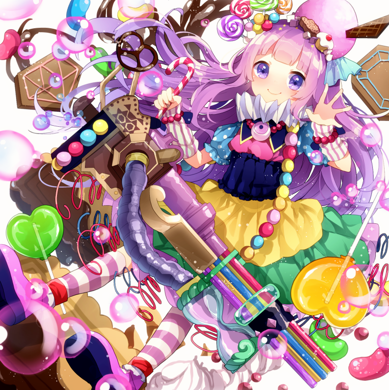 1girl, blush, cake, female, gun, headdress, komadori_ui, long_hair