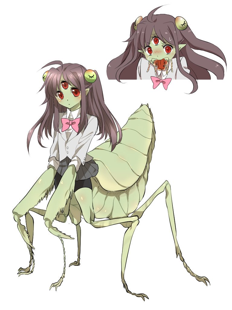 1girl, am_(pixiv13495288), blush, bowtie, extra_eyes, female, full_body, green_skin