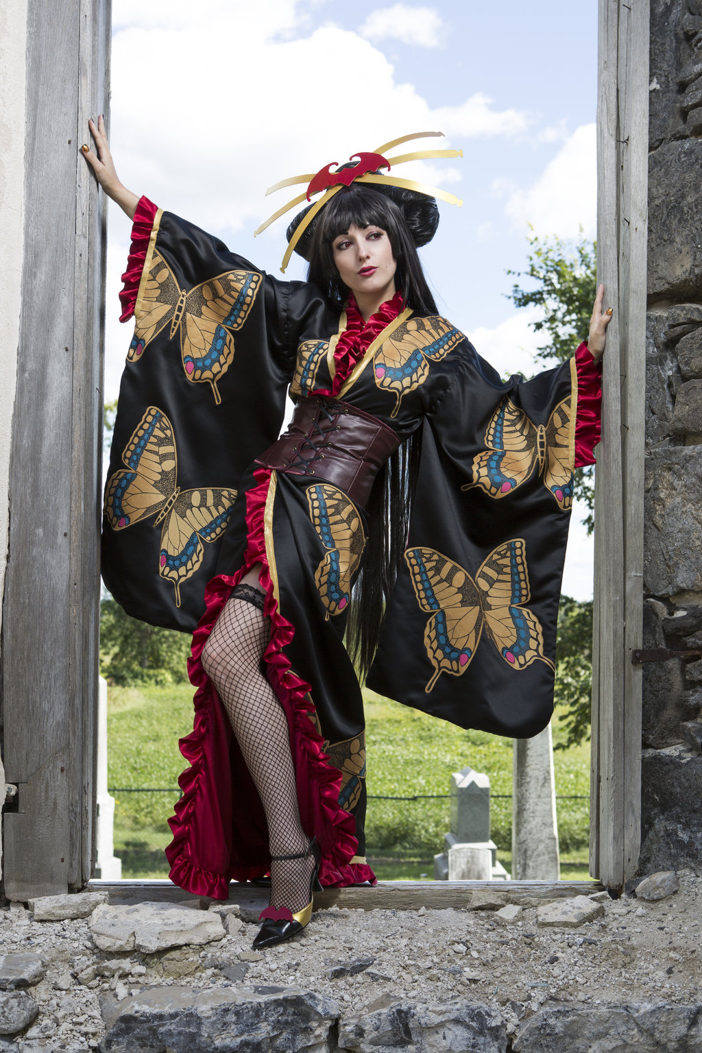 1girl, bangs, black_hair, butterfly, butterfly_print, corset, cosplay, gold_nails