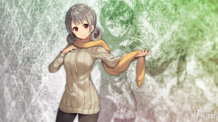 1girl, character_request, copyright_request, female, grey_hair, hair_bun, highres, mascots, pantyhose, paseri, red_eyes, scarf, short_hair, smile, sweater, tied_hair, twintails, xi_lily_(character_request)