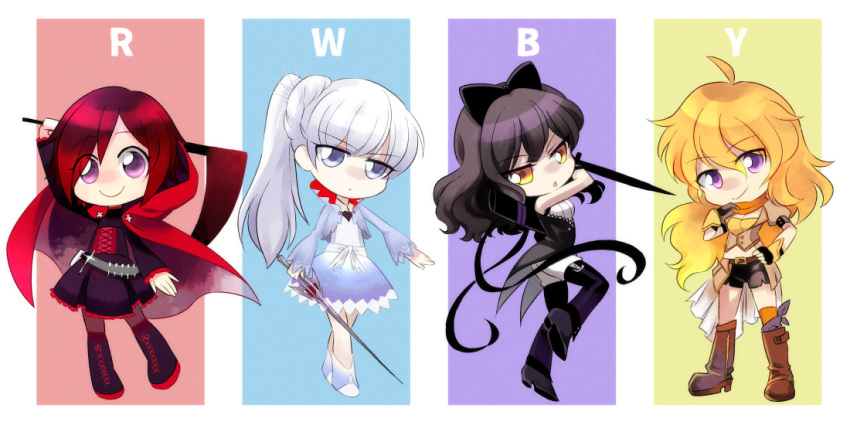 4girls, black_hair, blake_belladonna, blonde_hair, chibi, multiple_girls, ponytail, ruby_rose