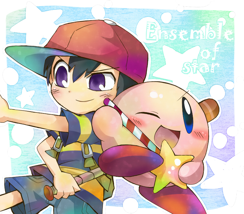 2boys, backpack, baseball_bat, black_hair, cap, child, company_connection, crossover