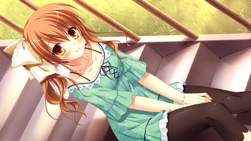 1girl, blush, brown_eyes, brown_hair, chuablesoft, dress, female, game_cg, highres, long_hair, lovera_bride, omigawa_hitomi, pantyhose, sitting, snile, solo, takano_yuki, yellow_eyes